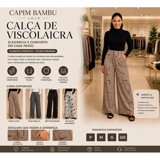 Calça Pantalona Malha Viscolaycra Cintura Alta Moda Feminina P M G GG