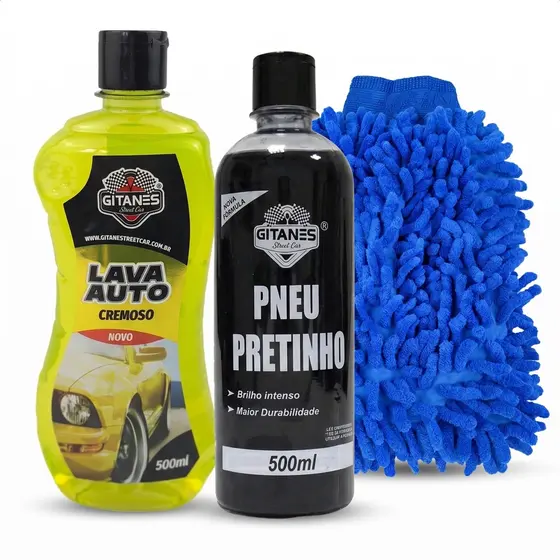 Shampoo Lava Auto 500ml + Pneu Pretinho 500ml + Luva Microfibra Kit Lavagem Automotiva Carro Moto