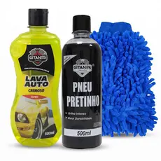 Kit Shampoo Lava Auto 500ml Pneu Pretinho 500ml Luva Microfibra Lavagem Automotiva Completo Carro Moto Limpeza Estética
