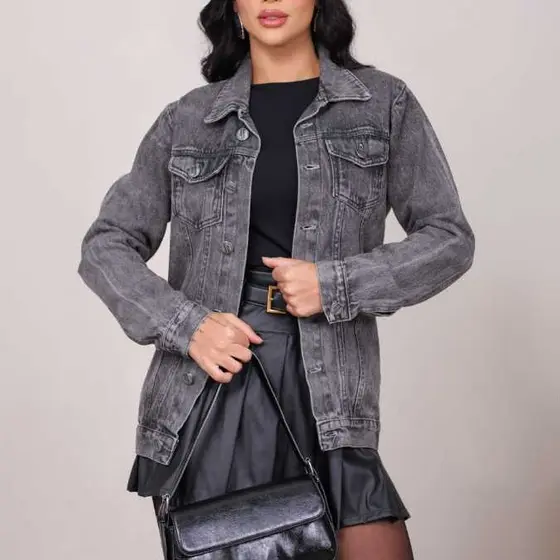 Jaqueta Maxi Feminina Jeans Grafite com Botões Grafite – Tendência Fashion