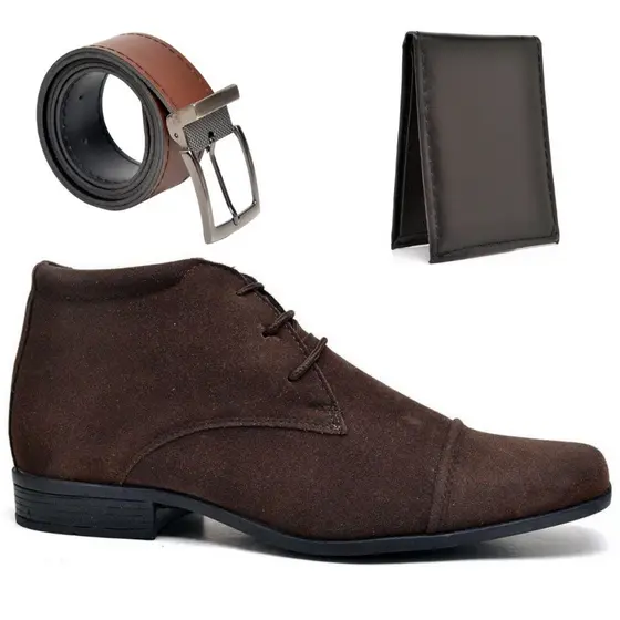 Kit Bota Chelsea Masculina Camurça Carteira Cinto Confortável Festa Chukka Couro Trabalho Igreja Pai