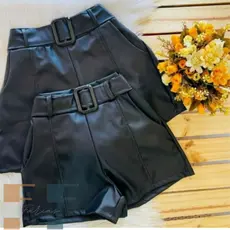 Combo 2 Short Em Couro Fake No tecido Cirre Cintura Alta Curto Com Cinto Ajustável