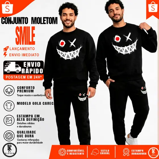 Conjunto de moletom Smiley desenhos Gola redonda moda casual solto moletom masculino e Feminino Blusa + Calça moletom