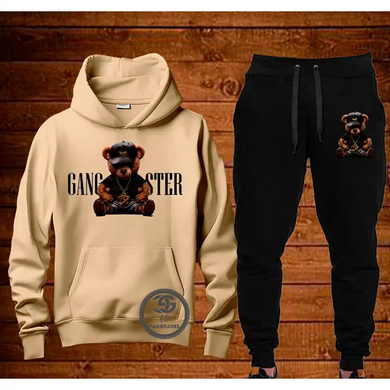 Conjunto Moletom Gangster Urso  Streetwear Blusa + calça de moletom Casaco Com Capuz Flanelado Agasalho de Frio Unissex