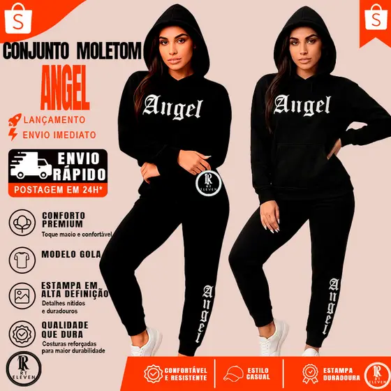 Conjunto Moletom Feminino Angel Blusa De Frio Canguru + calça Moletom Estampado Angel Anjos Tumbrl Com Bolso e Capuz