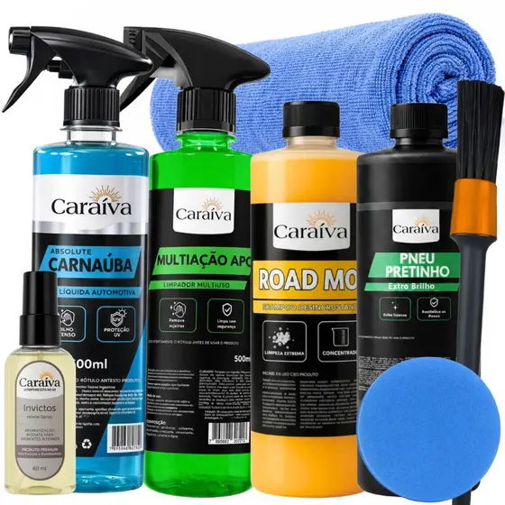 KIT LIMPEZA AUTOMOTIVA COMPLETA SHAMPOO LIMPEZA MULTIUSO APC CERA DE CARNAUBA LIQUIDA PNEU PRETINHO CHEIRINHO PANO
