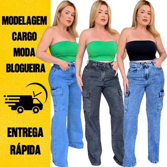 Calça Wide Leg Cargo Feminina Jeans Pantalona Cintura Alta Moda Blogueira Promoção