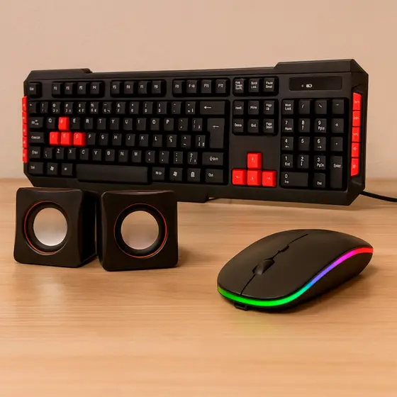 Kit 3 em1 Mouse Wireless RGB + Teclado Multimidia Sem Fio USB + Caixa De Som 6W P2