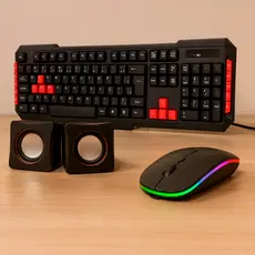 Kit 3 em1 Mouse Wireless RGB + Teclado Multimidia Sem Fio USB + Caixa De Som 6W P2