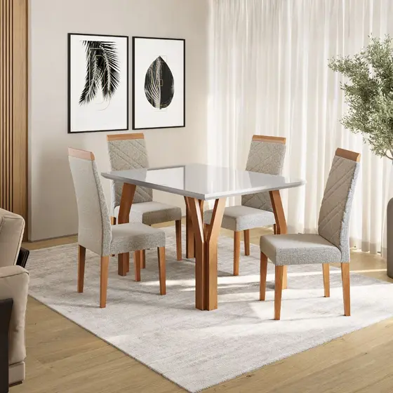 Conjunto Sala de Jantar Mesa Atlas 120cm Tampo Vidro com 4 Cadeiras Atlas Madetal