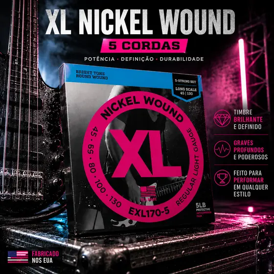 Encordoamento Contra Baixo 5 Cordas 045/130 Exl170-5 Long Scale Nickel Wound