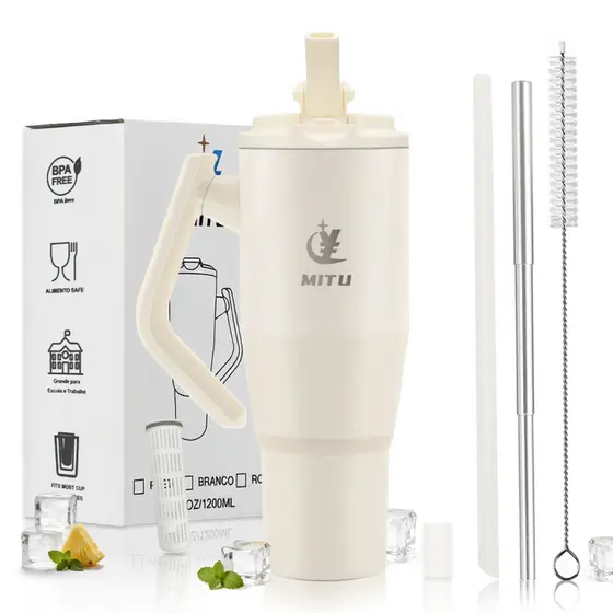 Copo Térmico Inox 1.2L com Alça Giratória 180° Caneca Grande Portátil com Tampa e Canudo Premium Para Carro Escritório