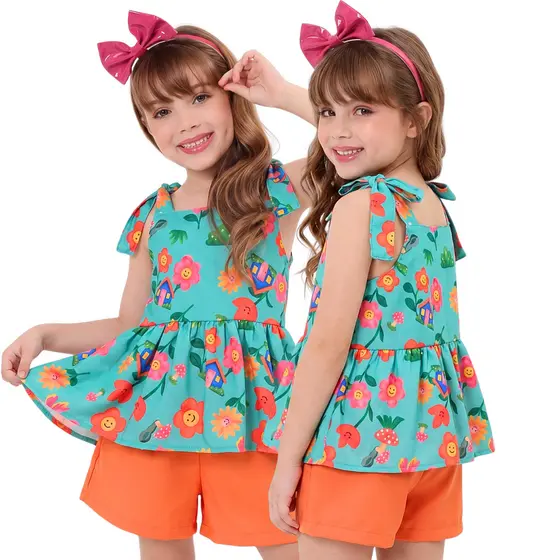 Conjunto infantil menina moda blogueira tecido leve blusa e shorts não amassa confortavel estampados tamanhos 2 4 6 8 10