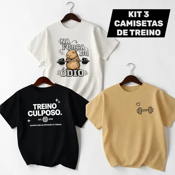 Camiseta Feminina Kit 3 Camisas Academia Meme Engraçada Algodão Unissex Treino Fitness