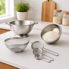 Kit 4 peças Escorredor De Arroz + Escorredor De Macarrão + Escorredor telado + 3 Peneiras
