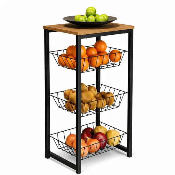 Fruteira Multiuso 3 Cestos com Tampo Madeira Organizador Cozinha Moderna