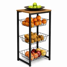 Fruteira Multiuso 3 Cestos com Tampo Madeira Organizador Cozinha Moderna