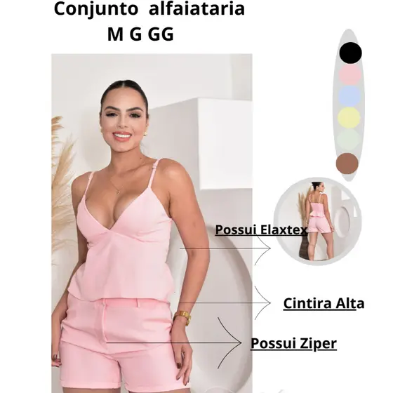 Conjunto Feminino Alfaiataria Short +top Cropped Babado e Elastex nas costas E Ziper-MODA VERAO