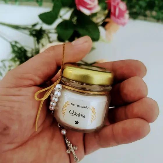 28 Kit com Velas Aromáticas e Mini Terço para Madrinhas de Batizado