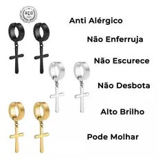 Brinco Pressão Preto  e Prata  crucifixo e argola unissex da moda preto em aço cirúrgico antialergico
