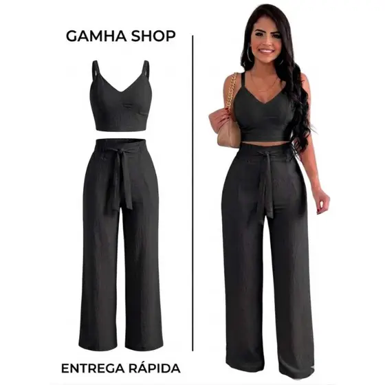 Conjunto feminino duna areia calça pantalona e cropped com bojo Alça regulagem