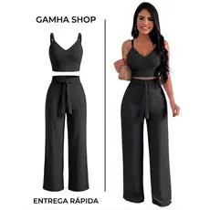 Conjunto feminino duna areia calça pantalona e cropped com bojo Alça regulagem