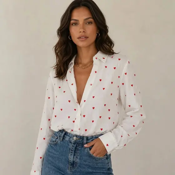 Camisa Social Feminina De Coração Romantica - Moda Casual Feminina Social Elegante (M, G e GG))