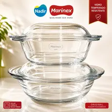 Kit 2 Travessas Marinex Vidro Temperado com Tampa Assadeira Refratário Redonda Forno 2,3L e 2,8L
