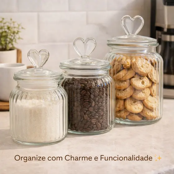 Pote de Vidro Hermético Com Tampa De Coração – Organize Com Amor