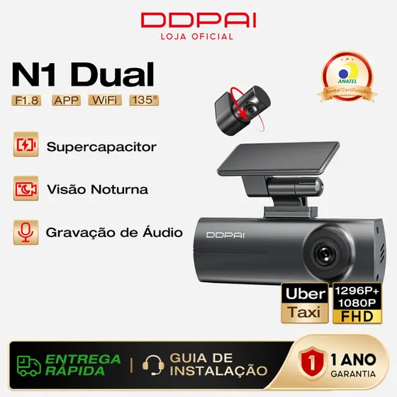 DDPAI N1 Dual Câmera Veicular 1296p+1080p Uber Nightvis App Sensor G Modo de Estacionamento 24 Hora