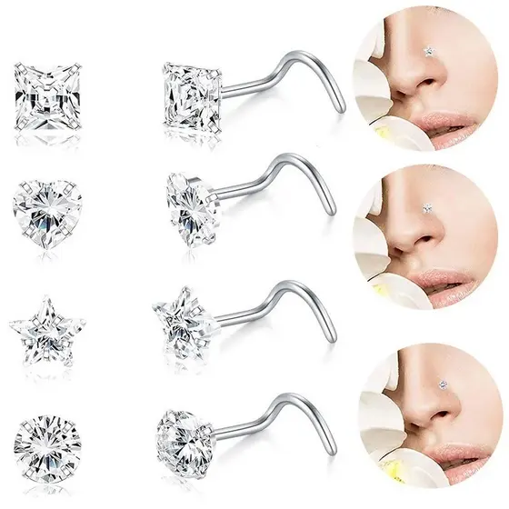 Piercing Nostril de Nariz Zircônia 5A de 3mm Estrela/Redondo/Quadrado/Coração em Aço Inoxidável Cirúrgico