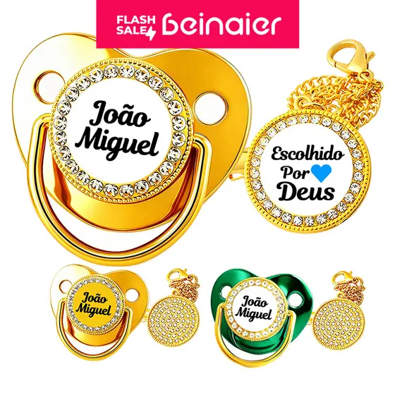 Chupeta dourada personalizada com nome do bebê, bicos de silicone e corrente, livre de BPA