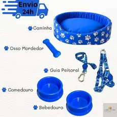 Kit Para Cachorro Luxuoso Pequeno Cama Pet Comedouro Peitoral Brinquedo