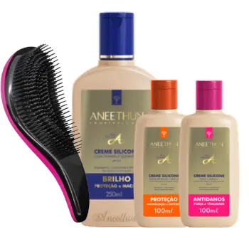 ANEETHUN KIT  CREME SILICONE LINHA A + ESCOVA ( BRILHOI 250gr+ ANTIDANOS 100ml+PROTEÇÃO 100ml)