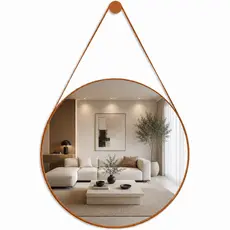 Espelho Adnet Couro Com Alça 20cm 30cm 40cm 50cm 60cm Sala Quarto Banheiro Redondo + Suporte