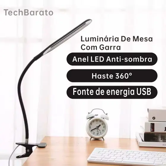 Luminária de Mesa com Garra USB – Ideal para Maquiagem, Leitura, Manicure e Estudo