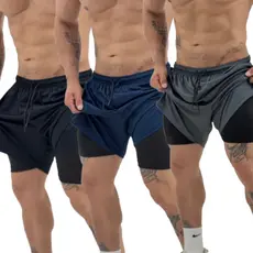Kit 3 Shorts  Masculino Dry Fit com Bolso e Compressão Academia Corrida Treino Bermuda Plus Size