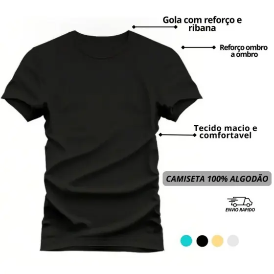 Camiseta Básica 100% Algodão Masculina Feminina com Reforço Ombro a Ombro