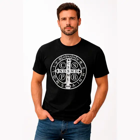Camiseta Medalha de São Bento | Algodão Premium Unissex | Estampa Religiosa Catolica