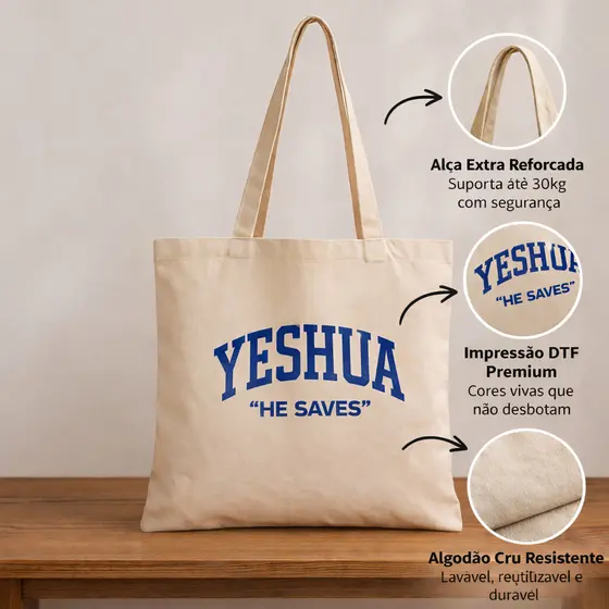Bolsa Ecobag Algodão Cru Estampada YESHUA He Saves Cristã Sustentável Tote