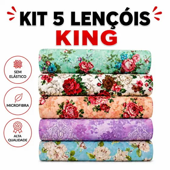 Kit 5 Lençol Sem Elástico King Avulso Microfibra Estampas Aleatórias 100% Poliéster