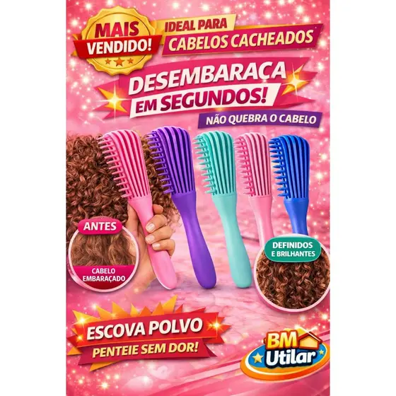Escova Polvo Desembaraçante Flexível Para Cabelos Cacheados Crespos Anti Frizz Massageadora
