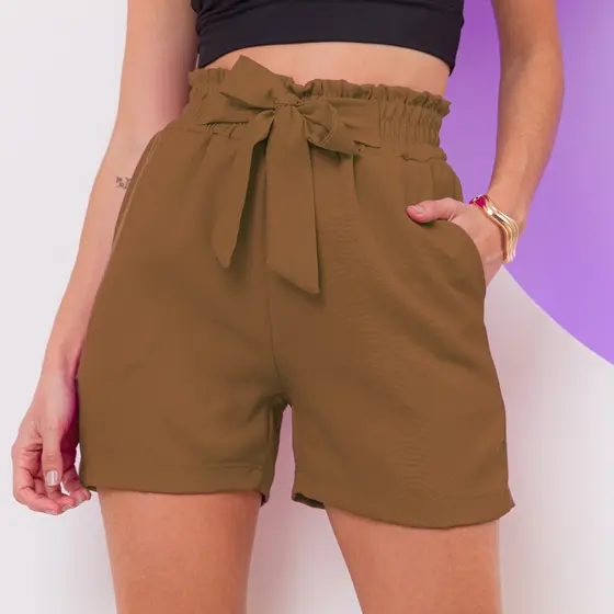 Short Feminino Curto de Alfaiataria - Cintura Alta com Laço Frontal e Bolsos Laterais, Conforto e Elegância para o Verão