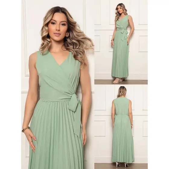 Vestido Longo Feminino Plissado Sem Mangas Com Decote Em V E Cintura Ajustável Estilo Elegante Para Festas