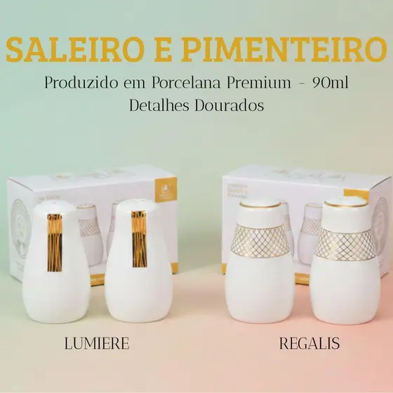 Saleiro e Pimenteiro de Porcelana Branco com detalhe dourado 90ml C/2pcs Hauskraft
