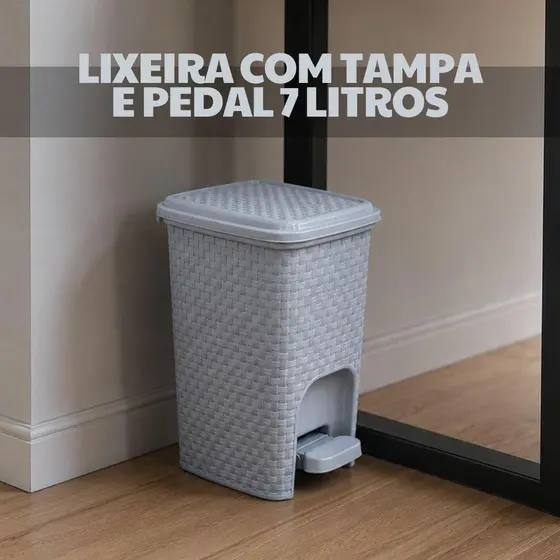Lixeira Com Tampa e Pedal 7L Cozinha Quarto Banheiro Rattan Arqplast Cinza