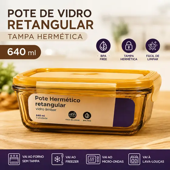 Pote de Vidro Com Tampa Hermética Retangular 640ml Âmbar Em Casa Tem