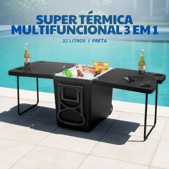 Super Caixa Térmica Cooler Multifuncional 32L 3 em 1 Com 2 Mesas Camping Praia Arqplast Preta All Black