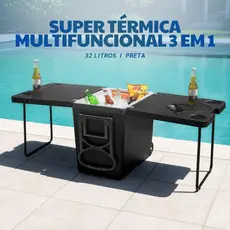 Super Caixa Térmica Cooler Multifuncional 32L 3 em 1 Com 2 Mesas Camping Praia Arqplast Preta All Black