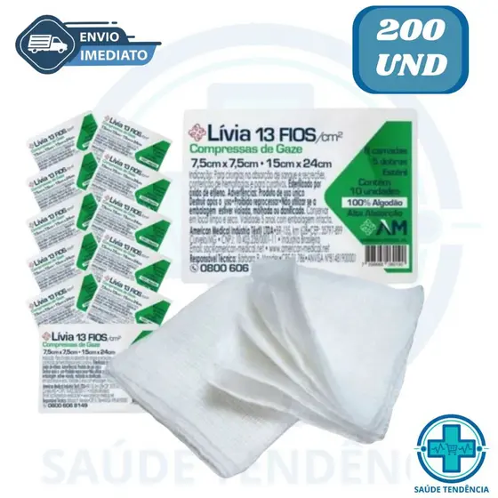 Kit 200 Unidades Compressa Gaze Estéril 13 Fios 7,5x7,5 20 Pacotes Livia